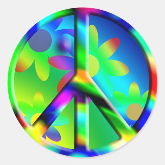 Peace Sign Hippieフラワーパワーステッカー ラウンドシール (正面)