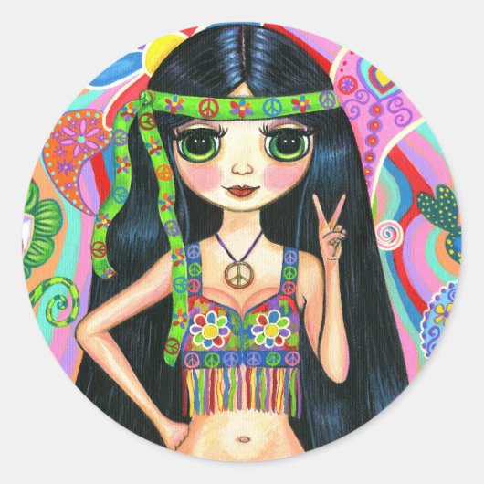 Peace Sign Hippie Girlシール ラウンドシール (正面)