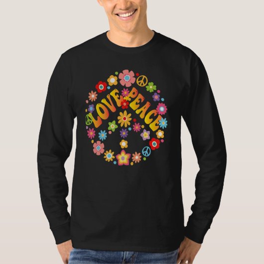 Peace Sign Love 1960s 1970s絞り染めGroovy Hippie Tシャツ (正面)
