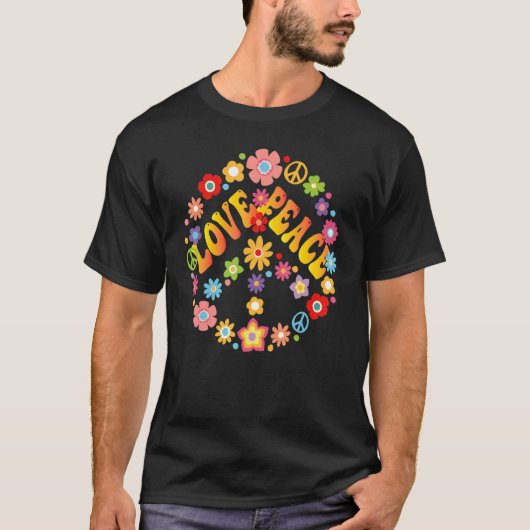 Peace Sign Love 1960s 1970s絞り染めGroovy Hippie Tシャツ (正面)