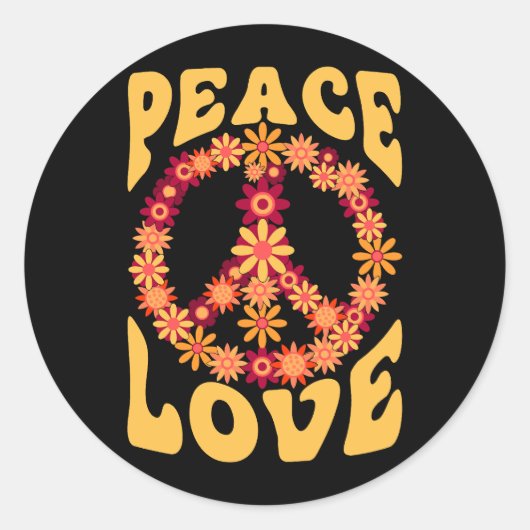 Peace Sign Love 60s 70sコスチュームGroovy Hippie ラウンドシール (正面)
