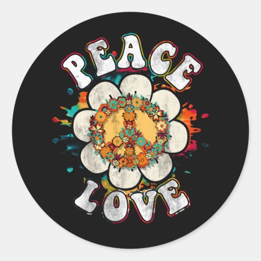 Peace Sign Love Flower 60S 70S絞り染めHippie Cost ラウンドシール (正面)