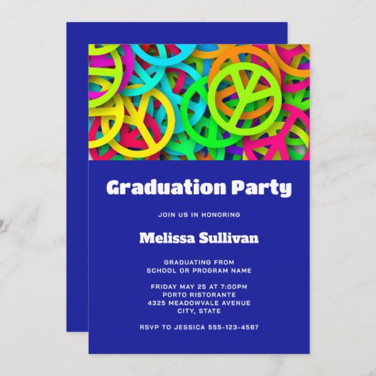 Peace Sign Pattern Groovy Sixties Vibe卒業 招待状 (正面/裏面)