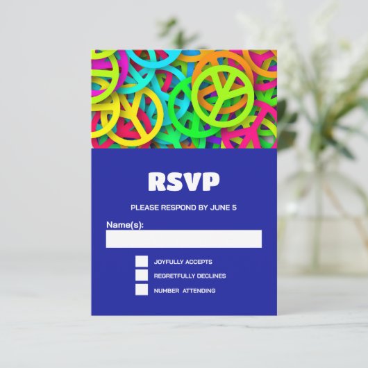 Peace Sign Pattern Groovy Sixties Vibe結婚's 出欠カード (スタンド正面)