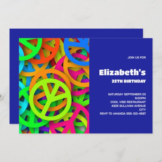 Peace Sign Pattern Groovy Sixties Vibe誕生日 招待状 (正面/裏面)