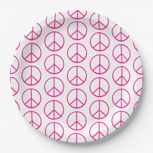 Peace Sign Pink Modern Retro Groovy ペーパープレート (正面)