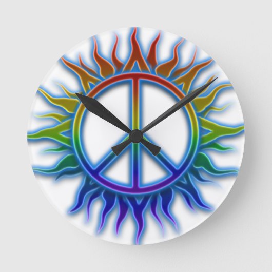 "Peace Sign Sun"虹の色の平和サインのシンボル ラウンド壁時計 (正面)