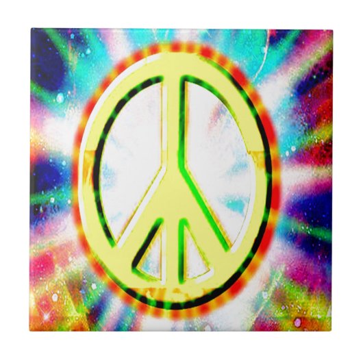 PEACE Sign Yellow カラフル Happy andおもしろい タイル (正面)