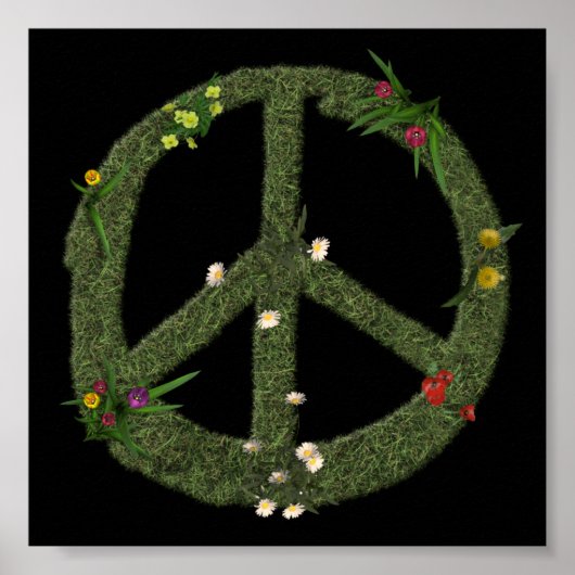 PEACE Symbol of Real Grass Flowers Hippie 60s Sign ポスター (正面)
