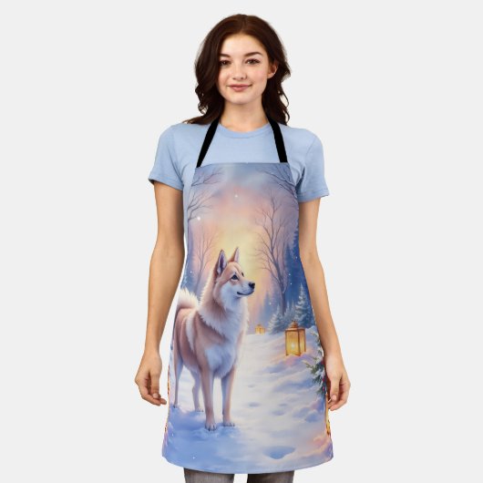 Peaceful Akita on Snow Lantern Path Christmas Dog エプロン (着用した状態)