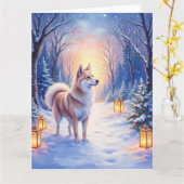 Peaceful Akita on Snow Lantern Path Christmas Dog  カード (黄色い花)