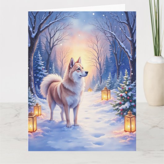 Peaceful Akita on Snow Lantern Path Christmas Dog  カード (正面)