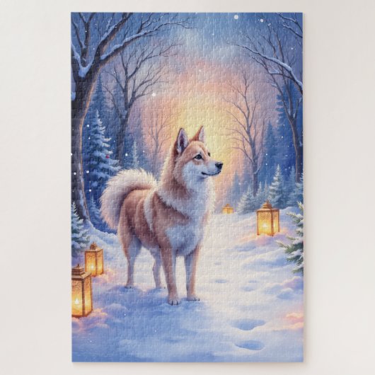 Peaceful Akita on Snow Lantern Path Christmas Dog  ジグソーパズル (縦)