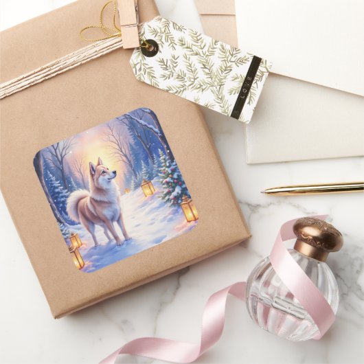 Peaceful Akita on Snow Lantern Path Christmas Dog  スクエアシール (ギフト)