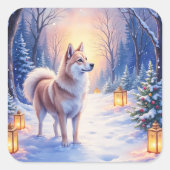 Peaceful Akita on Snow Lantern Path Christmas Dog  スクエアシール (正面)