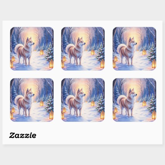 Peaceful Akita on Snow Lantern Path Christmas Dog スクエアシール (シート)