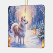 Peaceful Akita on Snow Lantern Path Christmas Dog  セラミックオーナメント (左)