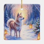 Peaceful Akita on Snow Lantern Path Christmas Dog  セラミックオーナメント (裏面)