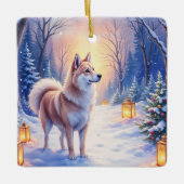 Peaceful Akita on Snow Lantern Path Christmas Dog  セラミックオーナメント (正面)