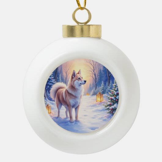 Peaceful Akita on Snow Lantern Path Christmas Dog  セラミックボールオーナメント (正面)