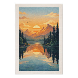Peaceful Alpine Lake Sunset Retro Travel Poster ポスター