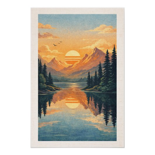 Peaceful Alpine Lake Sunset Retro Travel Poster ポスター (正面)