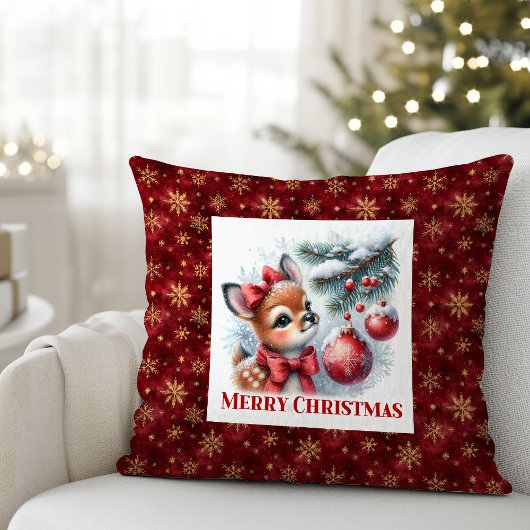 Peaceful baby deer Christmas scene snowy kids room クッション