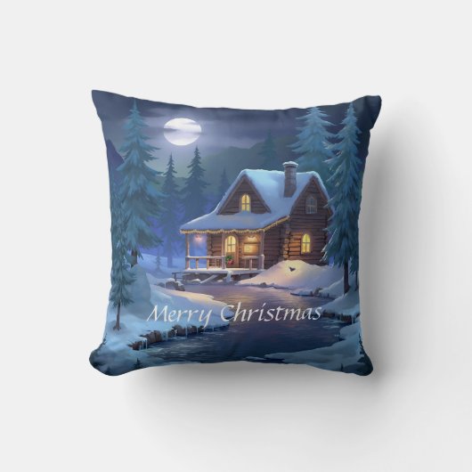 Peaceful Cabin in Winter Forest クッション (正面)