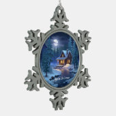 Peaceful Cabin in Winter Forest スノーフレークピューターオーナメント (左)