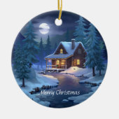 Peaceful Cabin in Winter Forest セラミックオーナメント (正面)