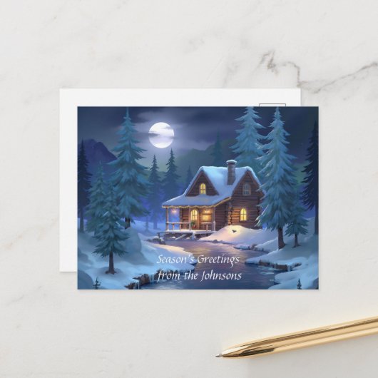 Peaceful Cabin in Winter Forest ポストカード (正面/裏面インサイチュ)