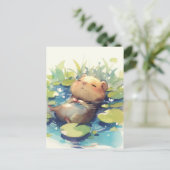 Peaceful Capybara Floating in Water Lily Pond ポストカード (スタンド正面)