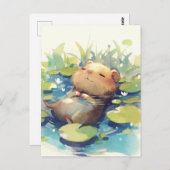 Peaceful Capybara Floating in Water Lily Pond ポストカード (正面/裏面)