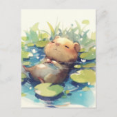 Peaceful Capybara Floating in Water Lily Pond ポストカード (正面)