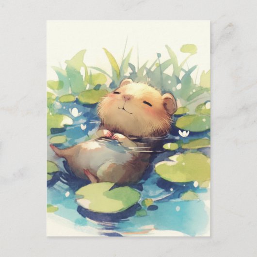 Peaceful Capybara Floating in Water Lily Pond ポストカード (正面)