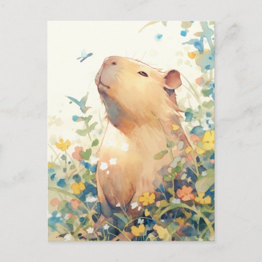 Peaceful Capybara with Small Blue Bird ポストカード (正面)
