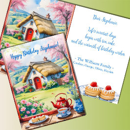 Peaceful Cottage View Flowers Tea Cakes Birthday カード