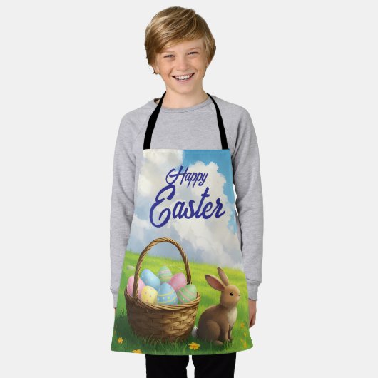 Peaceful Easter Spring Meadow Bunny & Egg Basket エプロン (着用した状態)