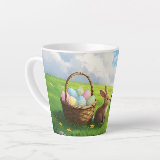 Peaceful Easter Spring Meadow Bunny & Egg Basket カフェラテマグ (左アングル)