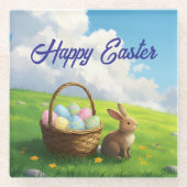 Peaceful Easter Spring Meadow Bunny & Egg Basket ガラスコースター (正面)