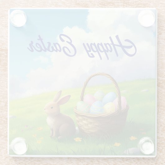 Peaceful Easter Spring Meadow Bunny & Egg Basket ガラスコースター (裏面)
