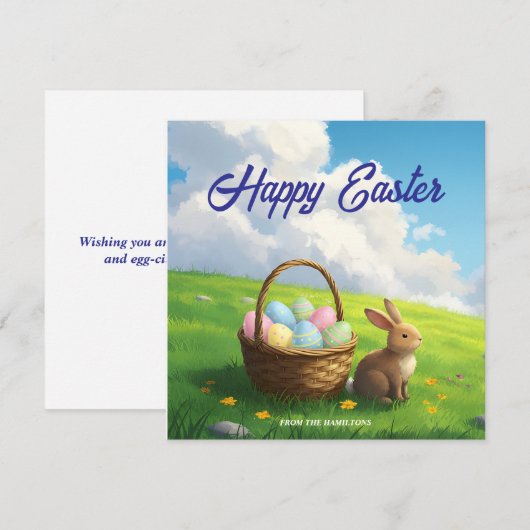 Peaceful Easter Spring Meadow Bunny & Egg Basket シーズンカード (正面/裏面)