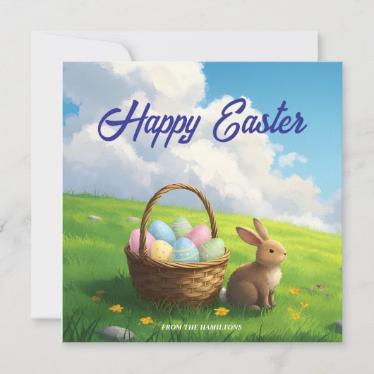 Peaceful Easter Spring Meadow Bunny & Egg Basket シーズンカード (正面)