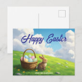 Peaceful Easter Spring Meadow Bunny & Egg Basket シーズンポストカード (正面/裏面)