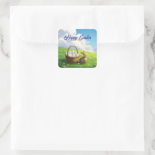 Peaceful Easter Spring Meadow Bunny & Egg Basket スクエアシール (バッグ)