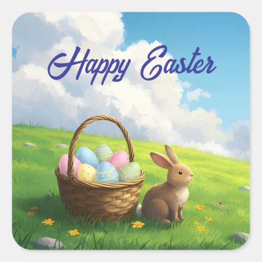 Peaceful Easter Spring Meadow Bunny & Egg Basket スクエアシール (正面)