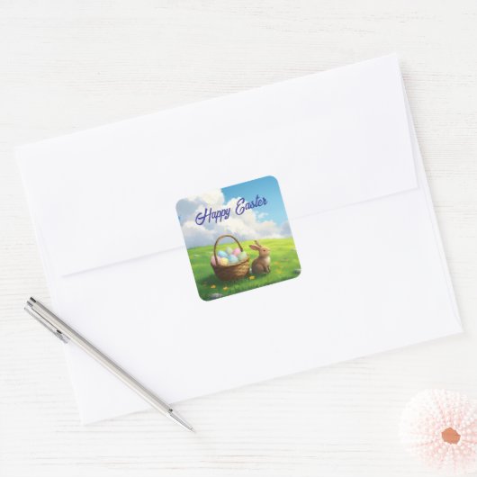 Peaceful Easter Spring Meadow Bunny & Egg Basket スクエアシール (封筒)