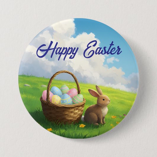 Peaceful Easter Spring Meadow Bunny & Egg Basket 缶バッジ (正面)