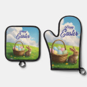 Peaceful Easter Spring Meadow Bunny & Egg Basket 鍋つかみ&鍋敷きセット (正面)