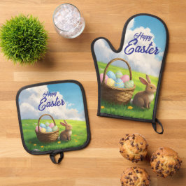 Peaceful Easter Spring Meadow Bunny & Egg Basket 鍋つかみ&鍋敷きセット